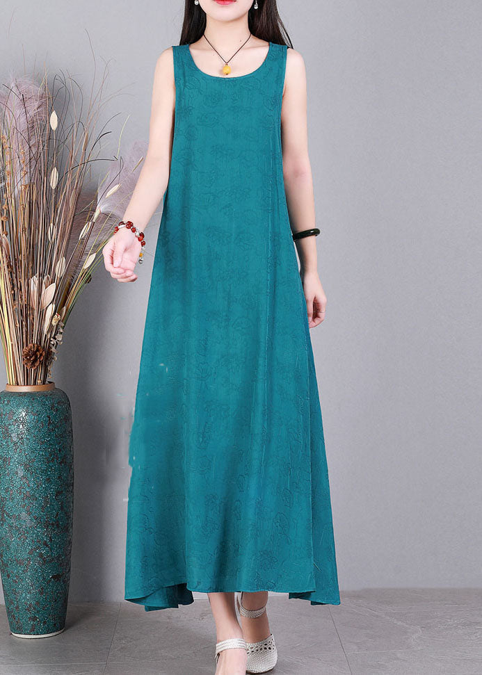 Modern Blue O-neck Jacquard Linen Party Strap Dress Sleeveless
