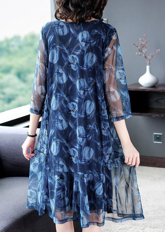 Modern Blue O-neck Print Tulle Long Dresses Summer