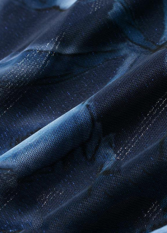 Modern Blue O-neck Print Tulle Long Dresses Summer
