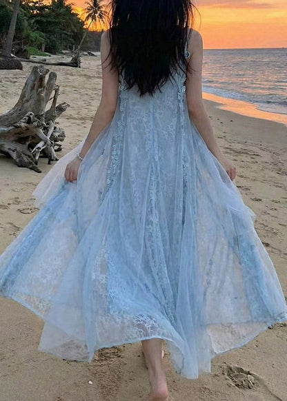 Modern Blue Patchwork Butterfly Holiday Tulle Long Dress Summer