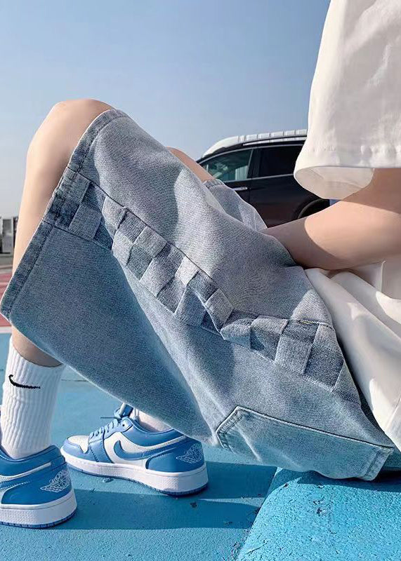 Modern Blue Plaid Pockets Denim Shorts Summer
