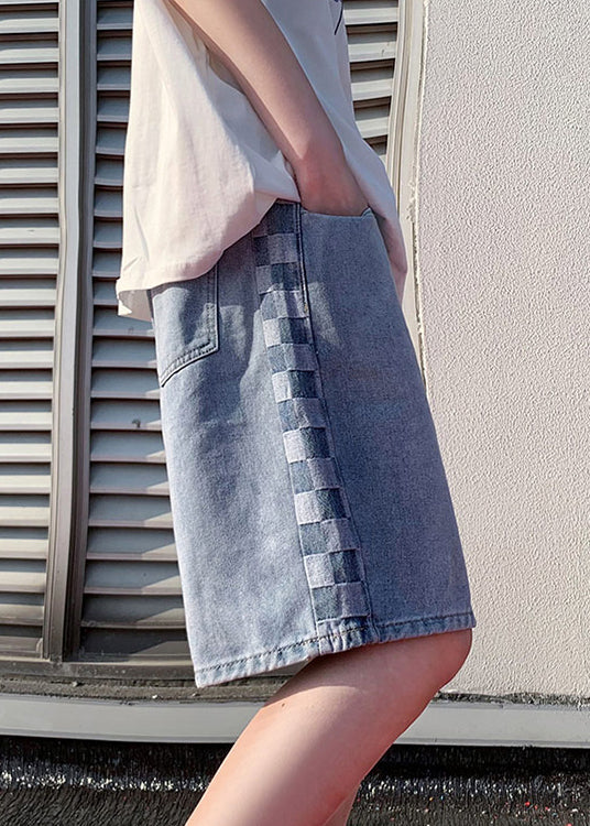 Modern Blue Plaid Pockets Denim Shorts Summer