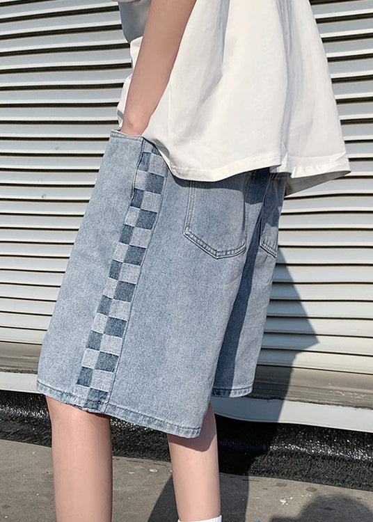 Modern Blue Plaid Pockets Denim Shorts Summer