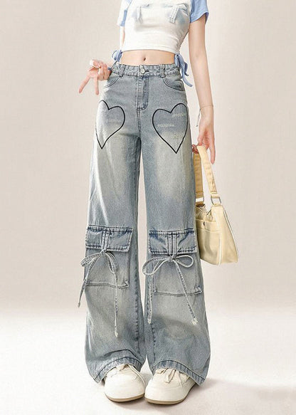 Modern Blue Pockets Lace Up High Waist Denim Pants Spring