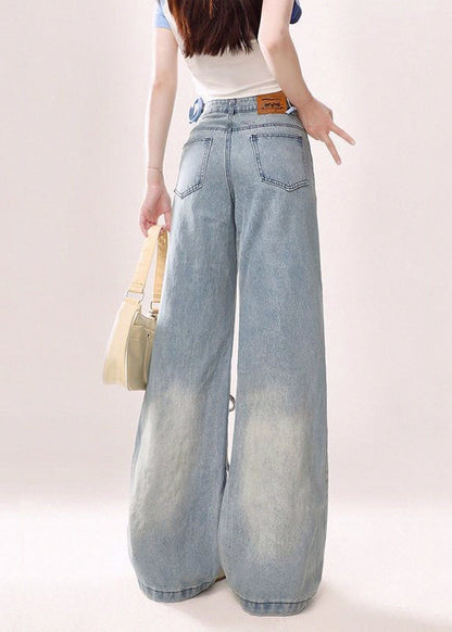 Modern Blue Pockets Lace Up High Waist Denim Pants Spring