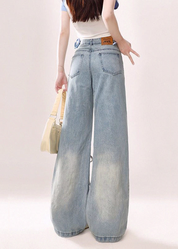 Modern Blue Pockets Lace Up High Waist Denim Pants Spring