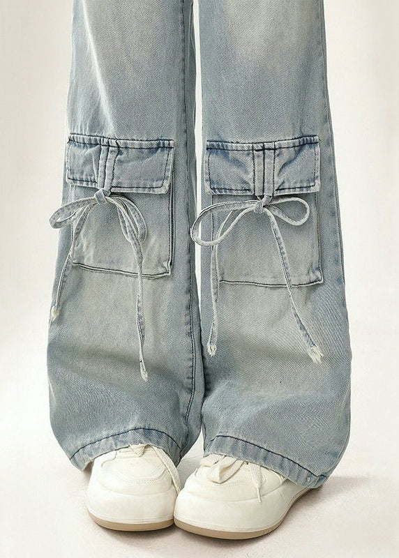 Modern Blue Pockets Lace Up High Waist Denim Pants Spring