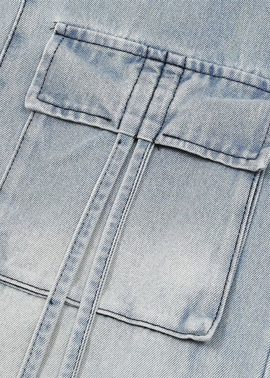 Modern Blue Pockets Lace Up High Waist Denim Pants Spring