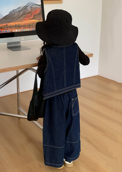 Modern Blue Pockets Patchwork Waistcoat and Pants Two Pieces Set Sleeveless