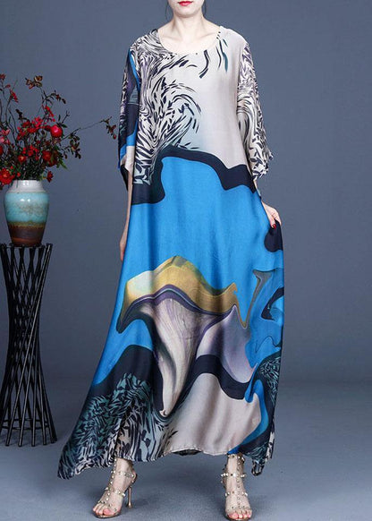 Modern Blue Print Asymmetrical Design Summer Silk Long Dress