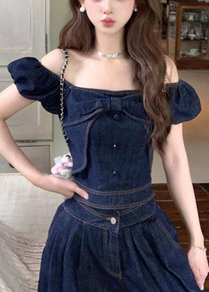 Modern Blue Slash Neck Bow Tops and Wide Leg Pants Denim Two Pieces Set Summer