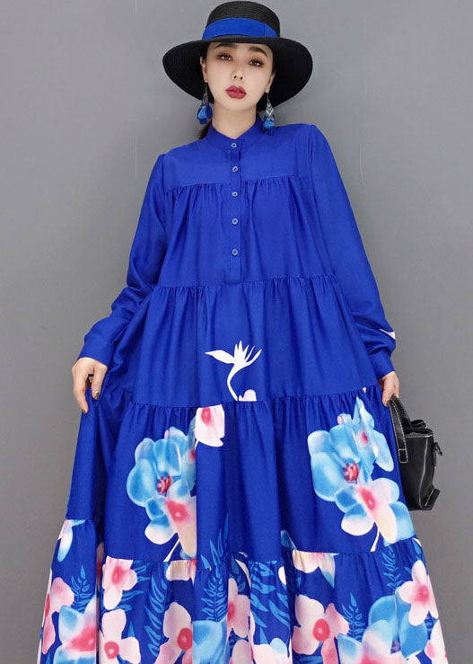 Modern Blue Stand Collar Print Exra Large Hem Cotton a Line Dress Long Sleeve