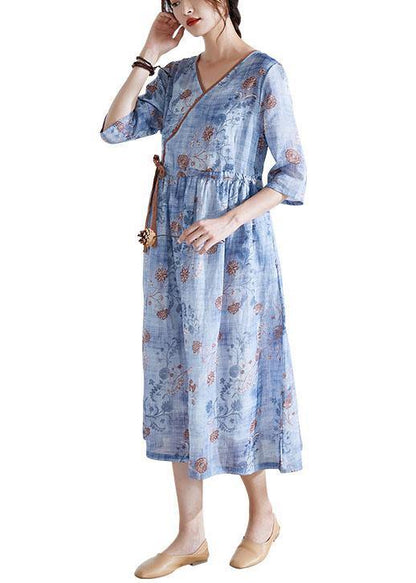 Modern Blue Tie Waist Patchwork Print Summer Ramie Dress Half Sleeve