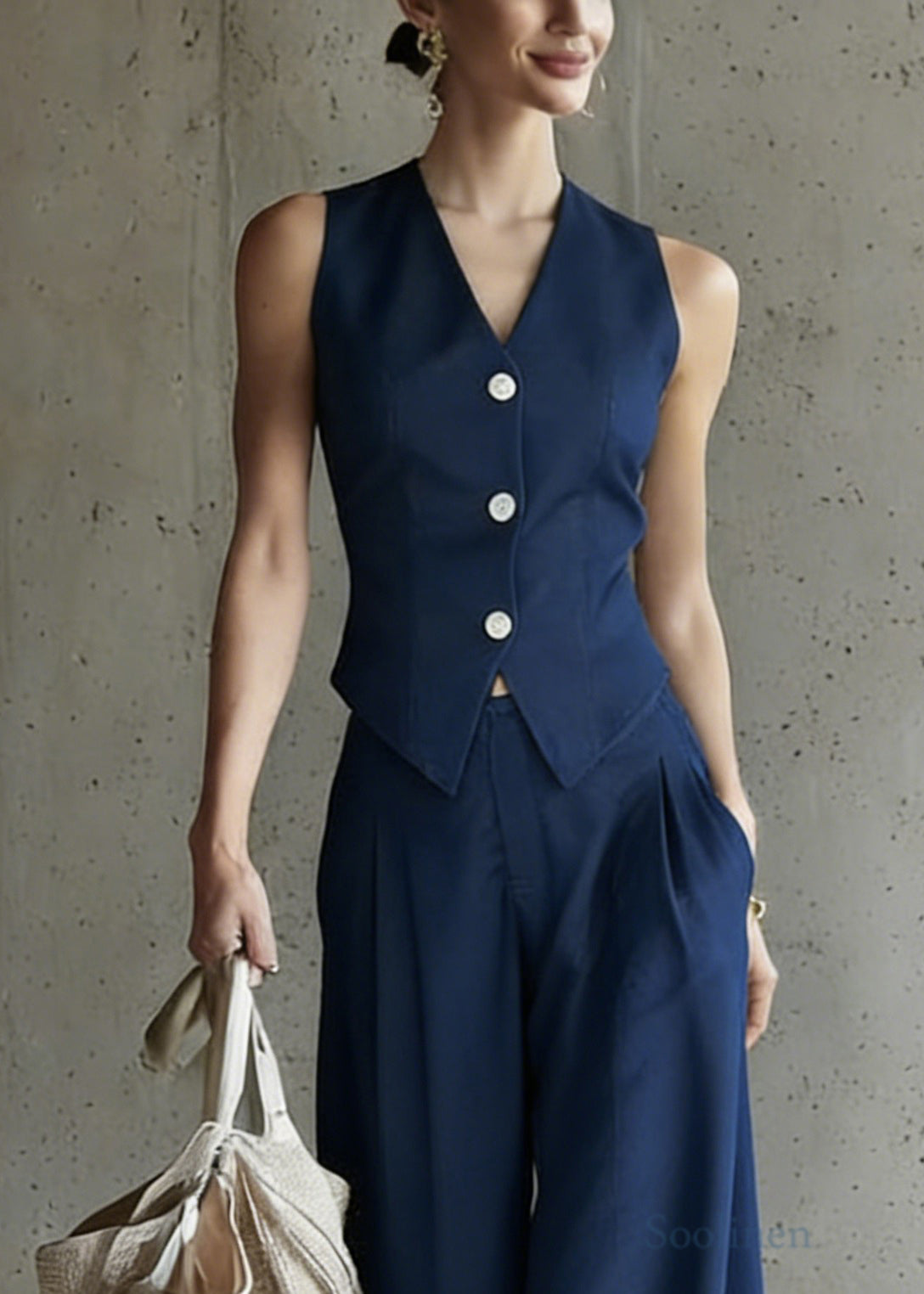 Modern Blue V Neck Button Waistcoat and Wide Leg Pants Two Pieces Set Sleeveless
