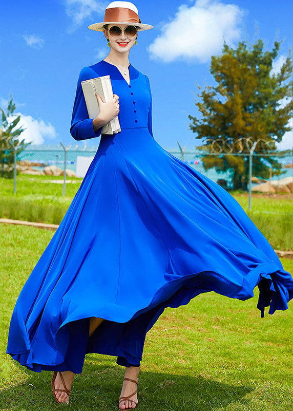 Modern Blue V Neck Exra Large Hem Chiffon a Line Dress Fall