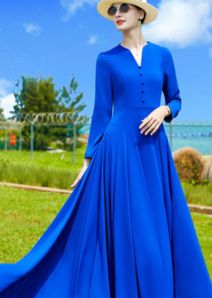 Modern Blue V Neck Exra Large Hem Chiffon a Line Dress Fall