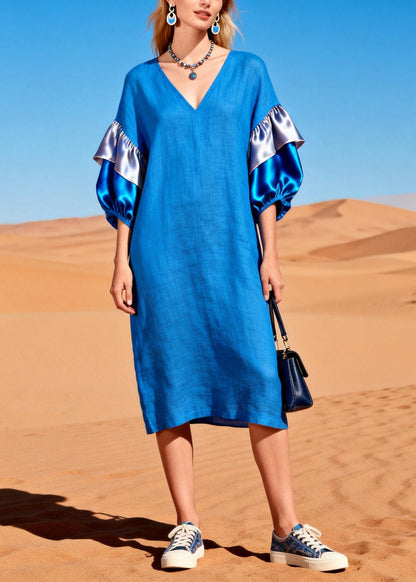 Modern Blue V Neck Patchwork Linen Straight Dress Lantern Sleeve