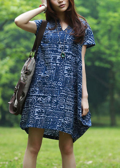 Modern Blue V Neck Print Patchwork Linen Mid Dresses Summer