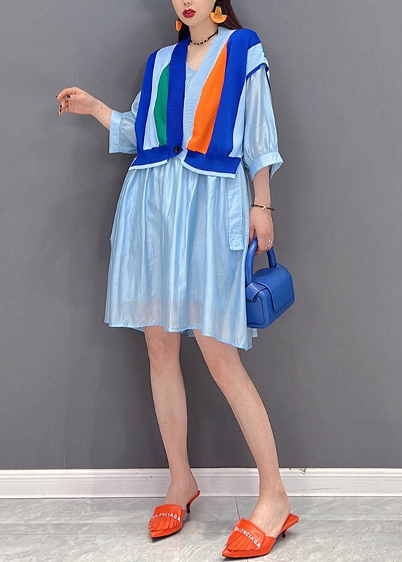 Modern Blue V Neck Striped Patchwork Button Wrinkled Dresses Half Sleeve