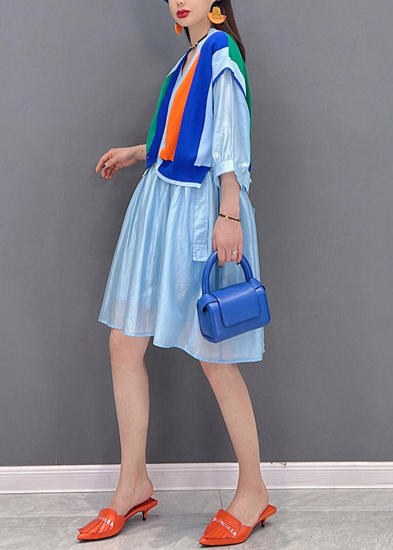 Modern Blue V Neck Striped Patchwork Button Wrinkled Dresses Half Sleeve