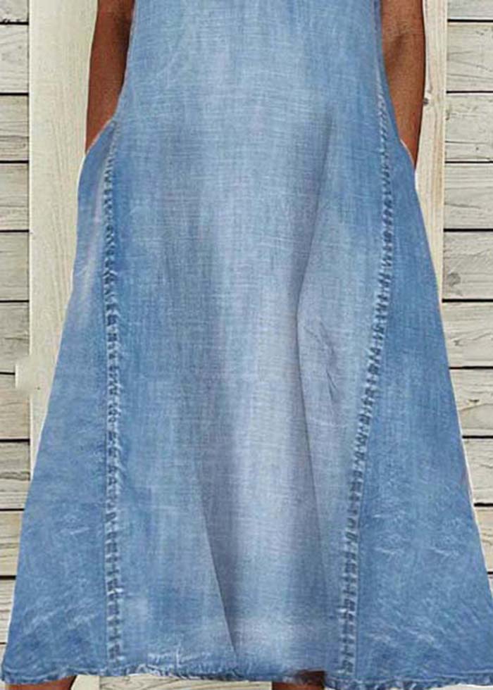 Modern Blue V Neck Washed Denim a Line Dress Sleeveless