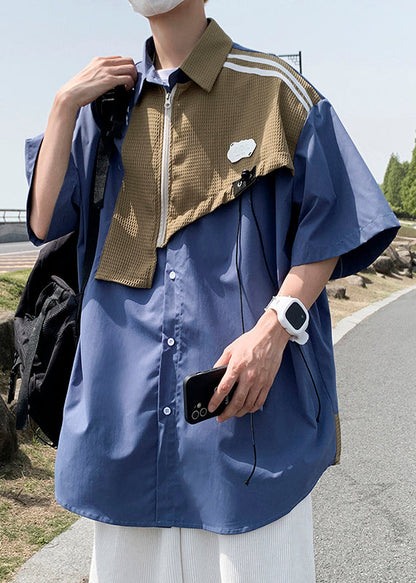Modern Blue Zippered Patchwork Cotton Shirts Half Sleeve