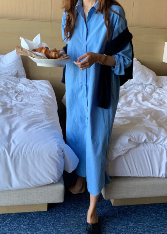 Modern Blue Tie Waist Side Open Cotton Dress Spring