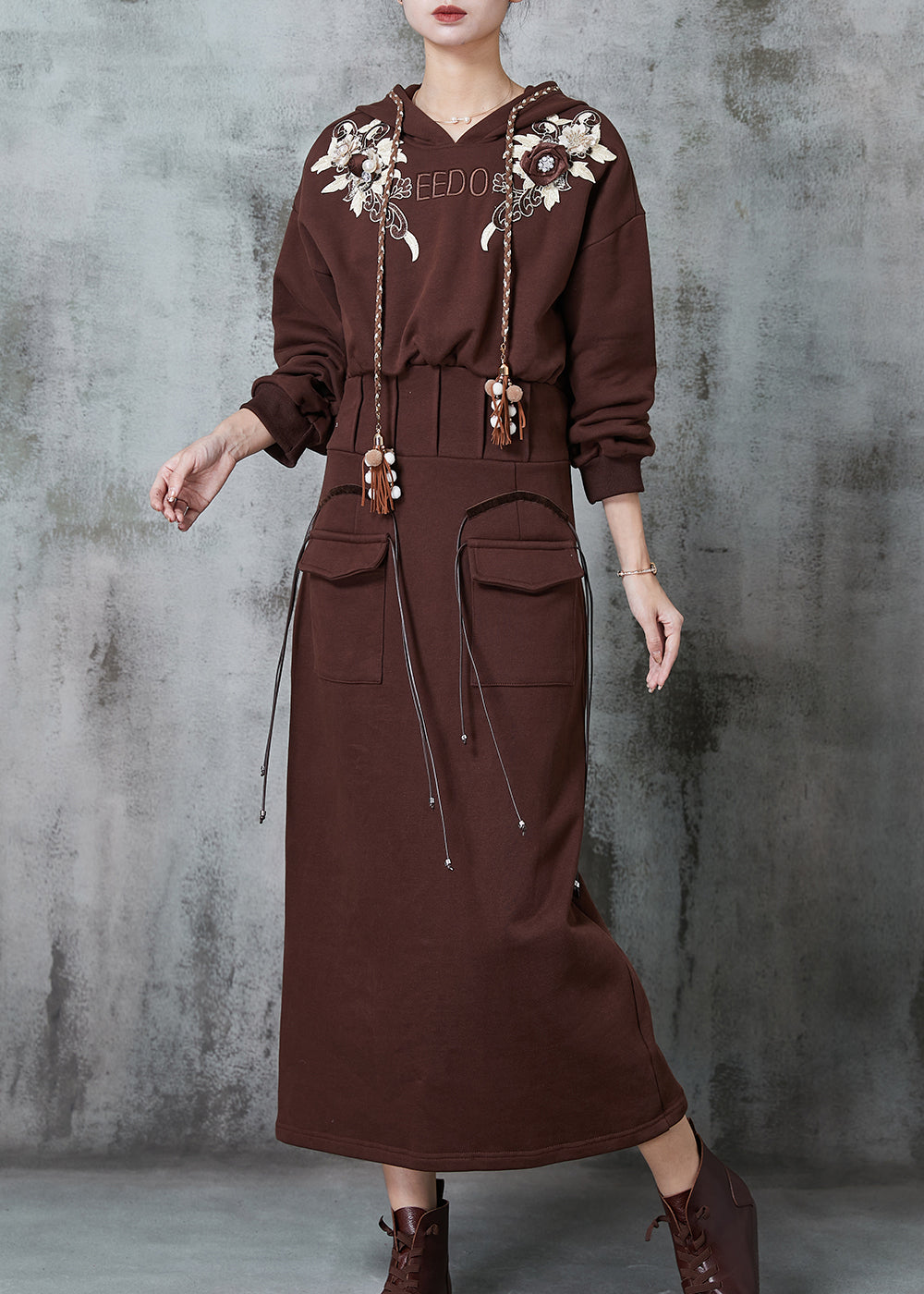Modern Brown Embroidered Cotton Sweatshirt Dress Spring