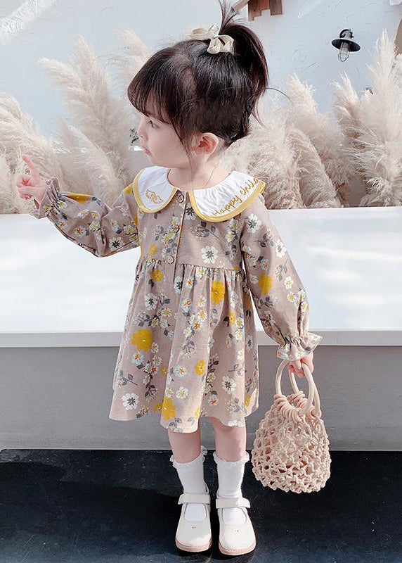 Modern Brown Embroideried Print Vacation Long Dresses Long Sleeve