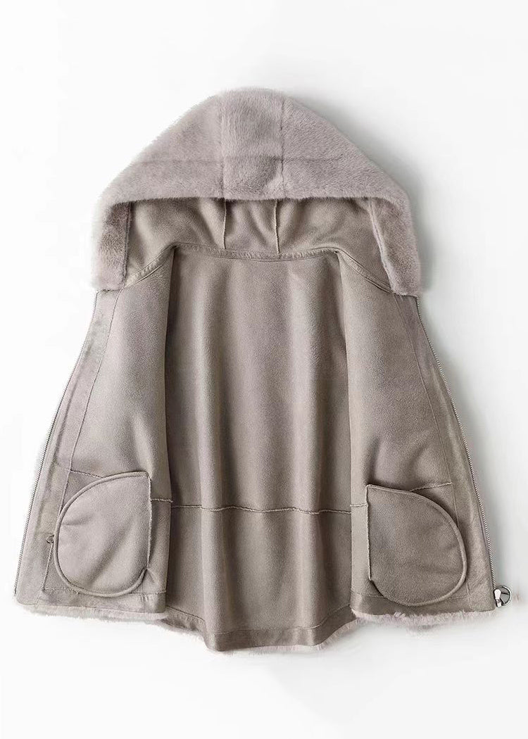Modern Brown Patchwork Zippered Mink Hair Hoodie Coat Long Sleeve