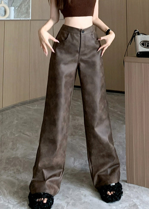 Modern Brown Pockets High Waist Faux Leather Pants Spring