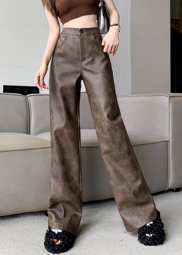 Modern Brown Pockets High Waist Faux Leather Pants Spring