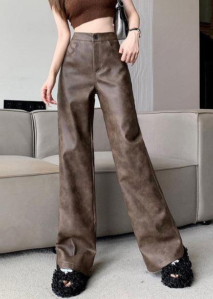 Modern Brown Pockets High Waist Faux Leather Pants Spring