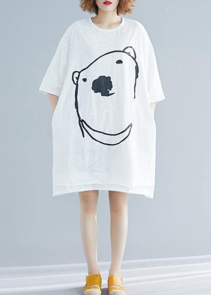 Modern Cartoon Print Cotton Long Shirts Fabrics White Dress Summer