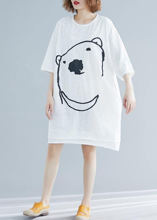 Modern Cartoon Print Cotton Long Shirts Fabrics White Dress Summer