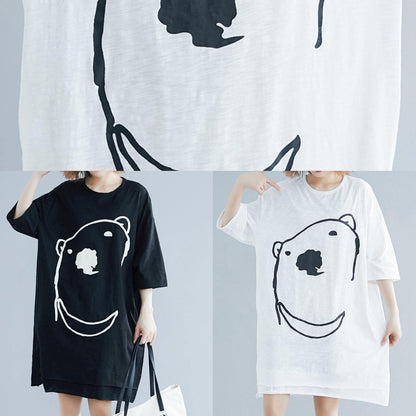Modern Cartoon Print Cotton Long Shirts Fabrics White Dress Summer