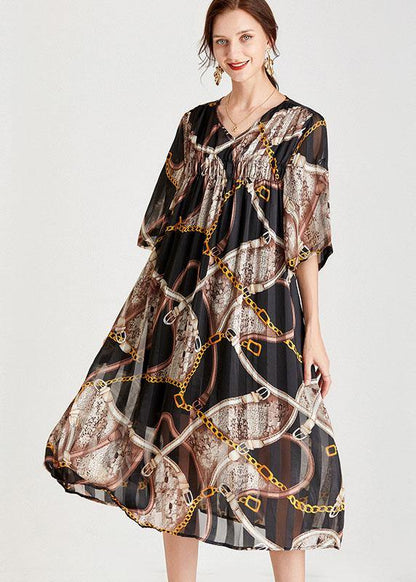 Modern Chains Black Tie Waist a Line Fall Chiffon Half Sleeve Vacation Dress