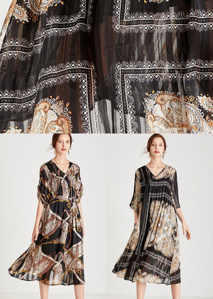 Modern Chains Black Tie Waist a Line Fall Chiffon Half Sleeve Vacation Dress