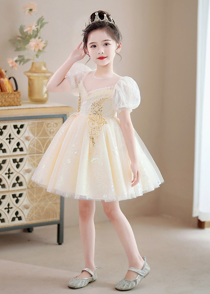 Modern Champagne O-neck Sequins Patchwork Nail Bead Tulle Mid Dresses Summer