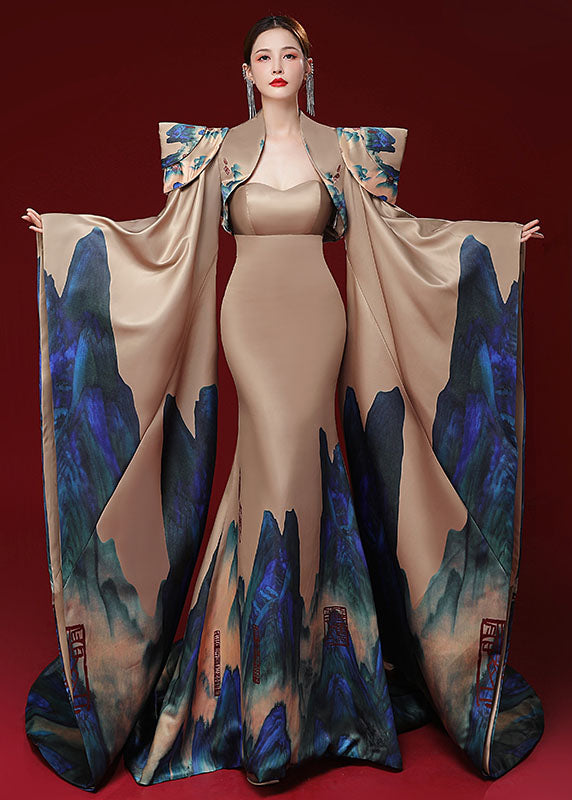Modern Champagne Patchwork Silk Mantle and Bustier Fishtail Dress Two Pieces Set Long Sleeve
