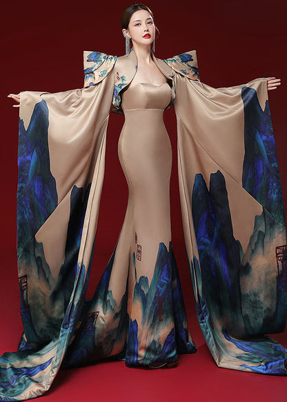 Modern Champagne Patchwork Silk Mantle and Bustier Fishtail Dress Two Pieces Set Long Sleeve