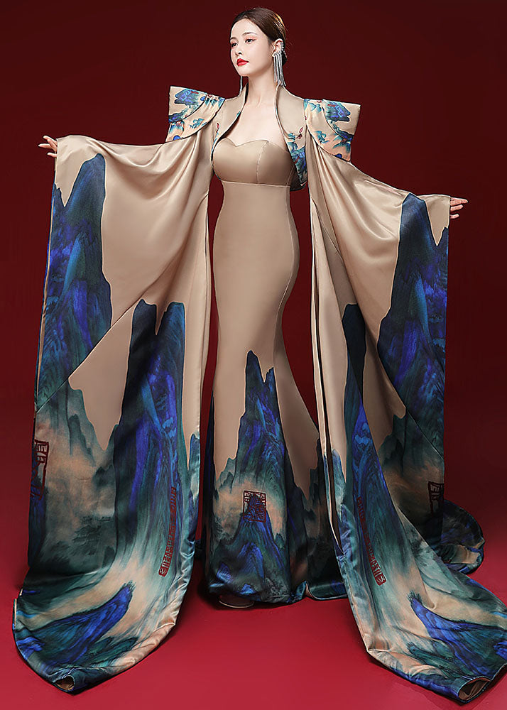 Modern Champagne Patchwork Silk Mantle and Bustier Fishtail Dress Two Pieces Set Long Sleeve