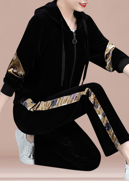 Modern Circle Zippered Print Silk Velour Hooded Coats and Pants Two Pieces Set Fall