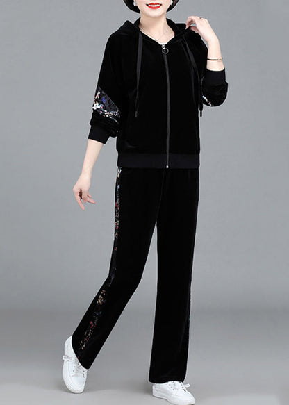 Modern Circle Zippered Print Silk Velour Hooded Coats and Pants Two Pieces Set Fall