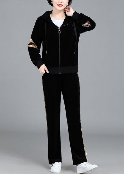 Modern Circle Zippered Print Silk Velour Hooded Coats and Pants Two Pieces Set Fall