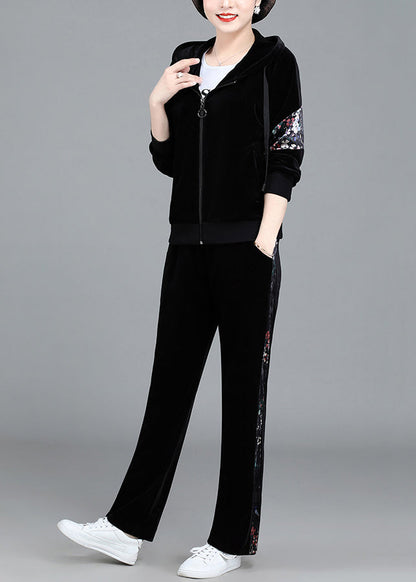 Modern Circle Zippered Print Silk Velour Hooded Coats and Pants Two Pieces Set Fall