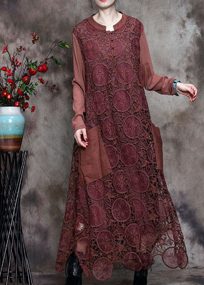 Modern Chocolate Button Embroideried Asymmetrical Design Fall Vacation Dresses Long Sleeve