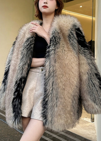 Modern Colorblock Leather and Fur Coats V Neck Spring