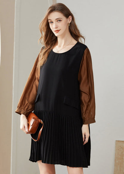 Modern Colorblock O-neck Oversized Patchwork Chiffon Pleated Dress Spring