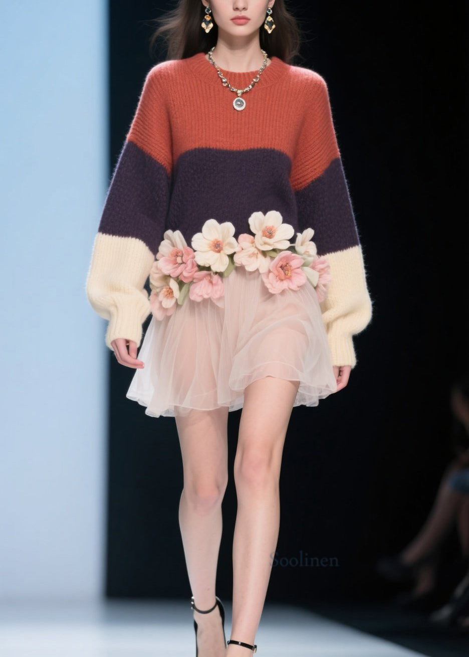 Modern Colorblock O Neck Tulle Knit Dress Fall